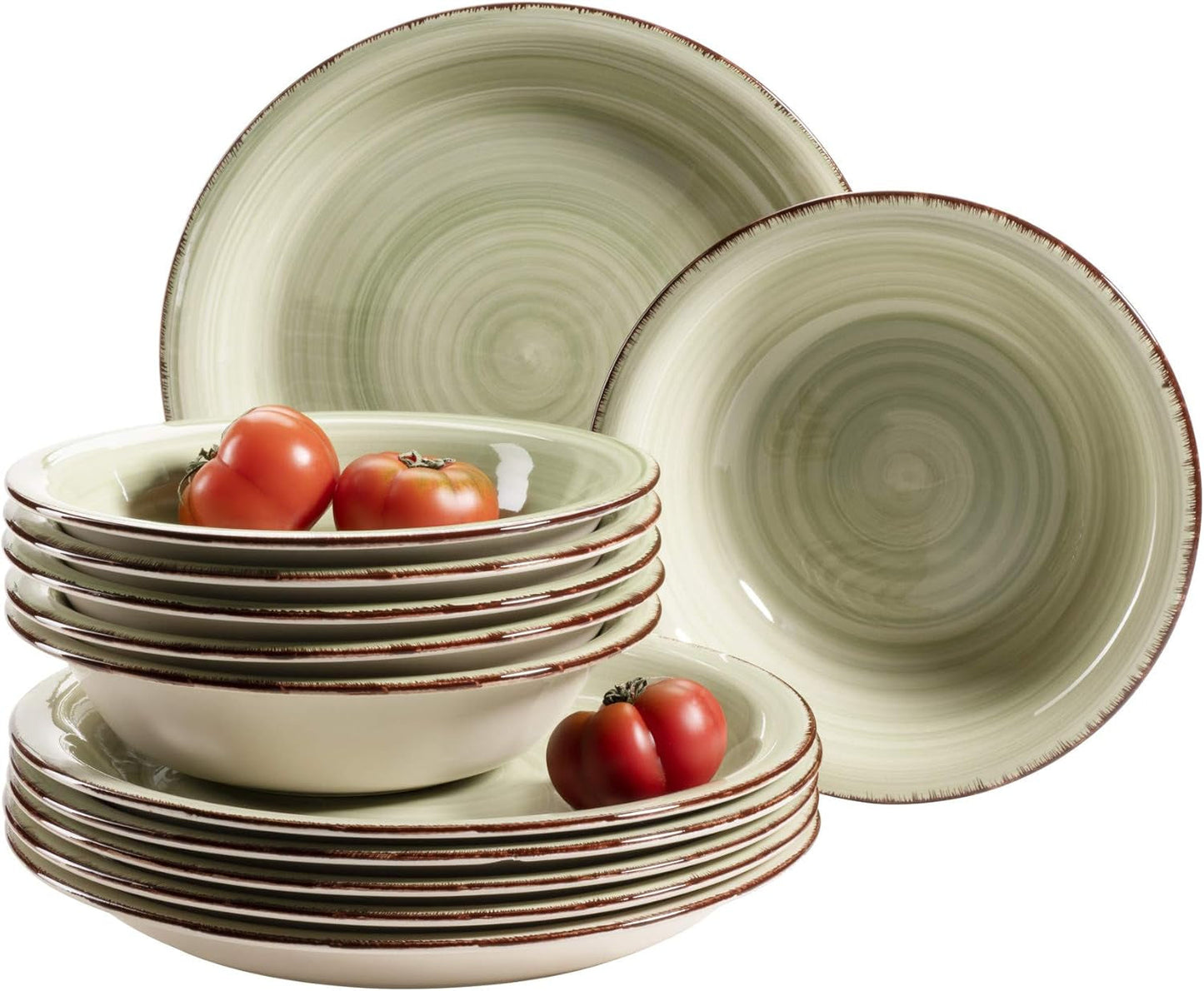 MÄSER Spisesæt til 6, moderne vintage-look, 12-delt bordservice, håndmalet, grøn, flise, olivengrøn (Bel Tempo II)