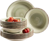 MÄSER Spisesæt til 6, moderne vintage-look, 12-delt bordservice, håndmalet, grøn, flise, olivengrøn (Bel Tempo II)
