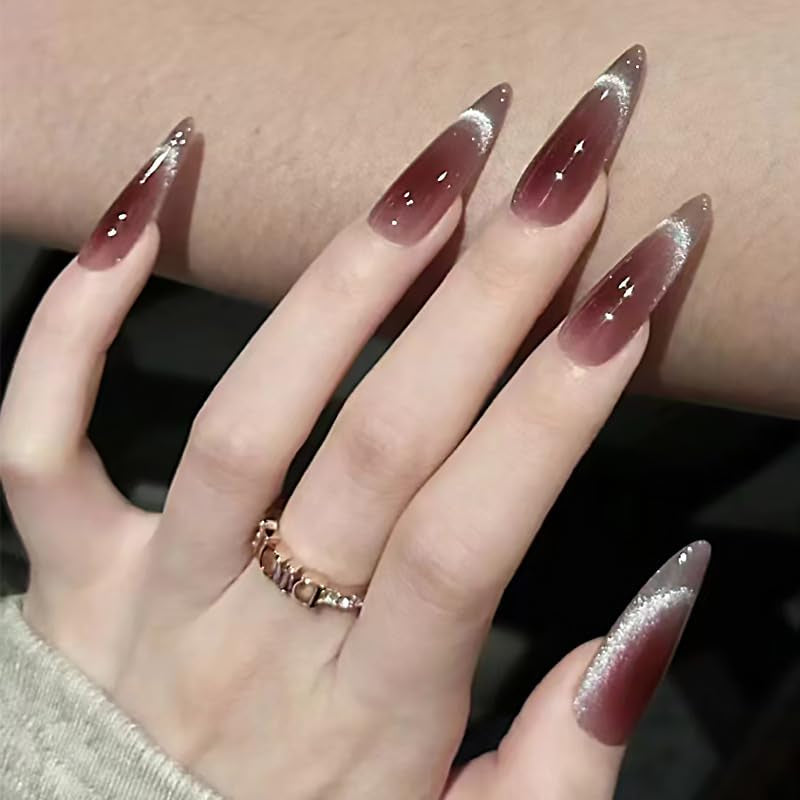 Moonglow Lange Negle Stiletto Mælkehvid Pink Gradient Glitter Cool falske negle med lim Pink Ombre Glitter Kunstige negle