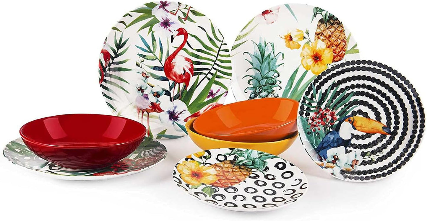 Excelsa Tropical Chic Tallerkensæt, 18 Stück, Porzellan, mehrfarbig