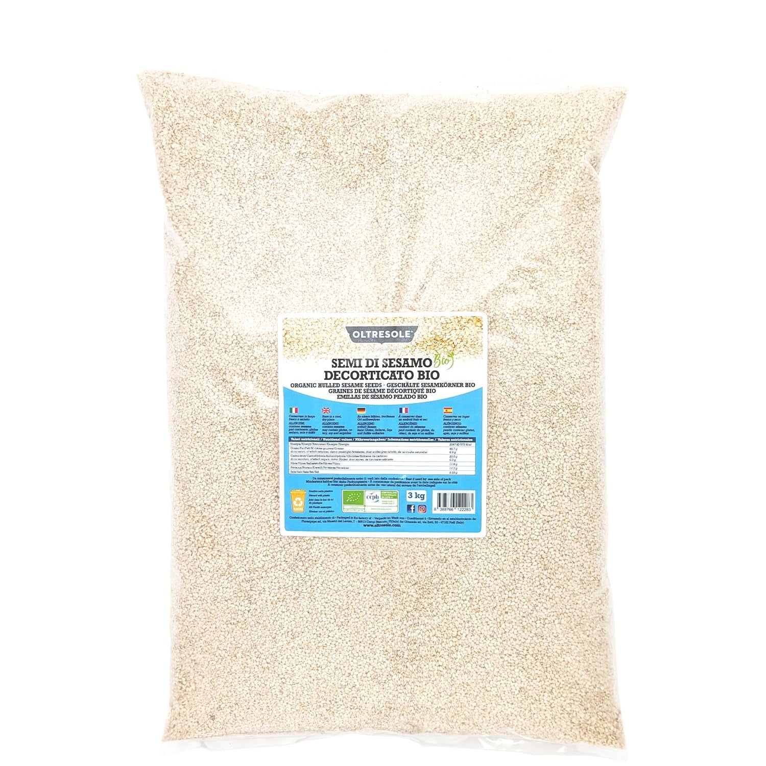 Økologiske sesamfrø 3 kg, rå økologiske oliefrø, hvid sesam, naturligt afskallet, uristet, kilde til calcium og jern, økonomipakke