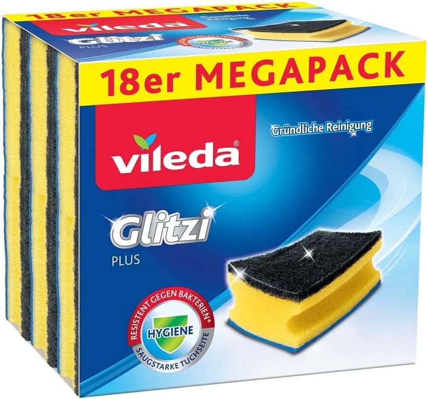 Vileda Glitzi, opvaskesvamp til køkkenet, med antibakteriel effekt, højabsorberende, pakke med 18 Naty Shop Køkkenvaskemidler