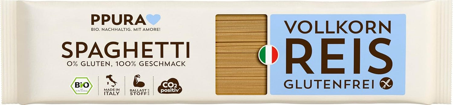 PPURA Spaghetti med økologisk glutenfri hel ris 400g - Italiensk naturlig pasta med økologisk hel ris - Glutenfri, uden sukker eller tilsætningsstoffer, traditionelt tilberedt