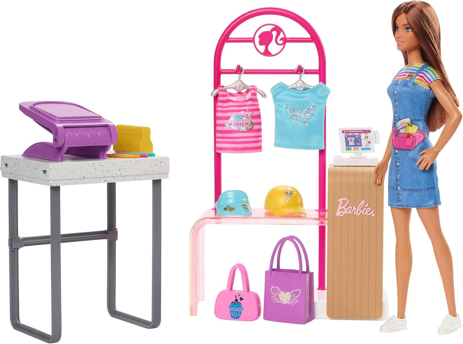 Barbie Fashion Boutique legesæt - foliemønsterdukke, over 150 originale looks, inkluderer 2 bluser og 5 folieark, tøjstativ og kreditkortlæser, 3+, HKT78