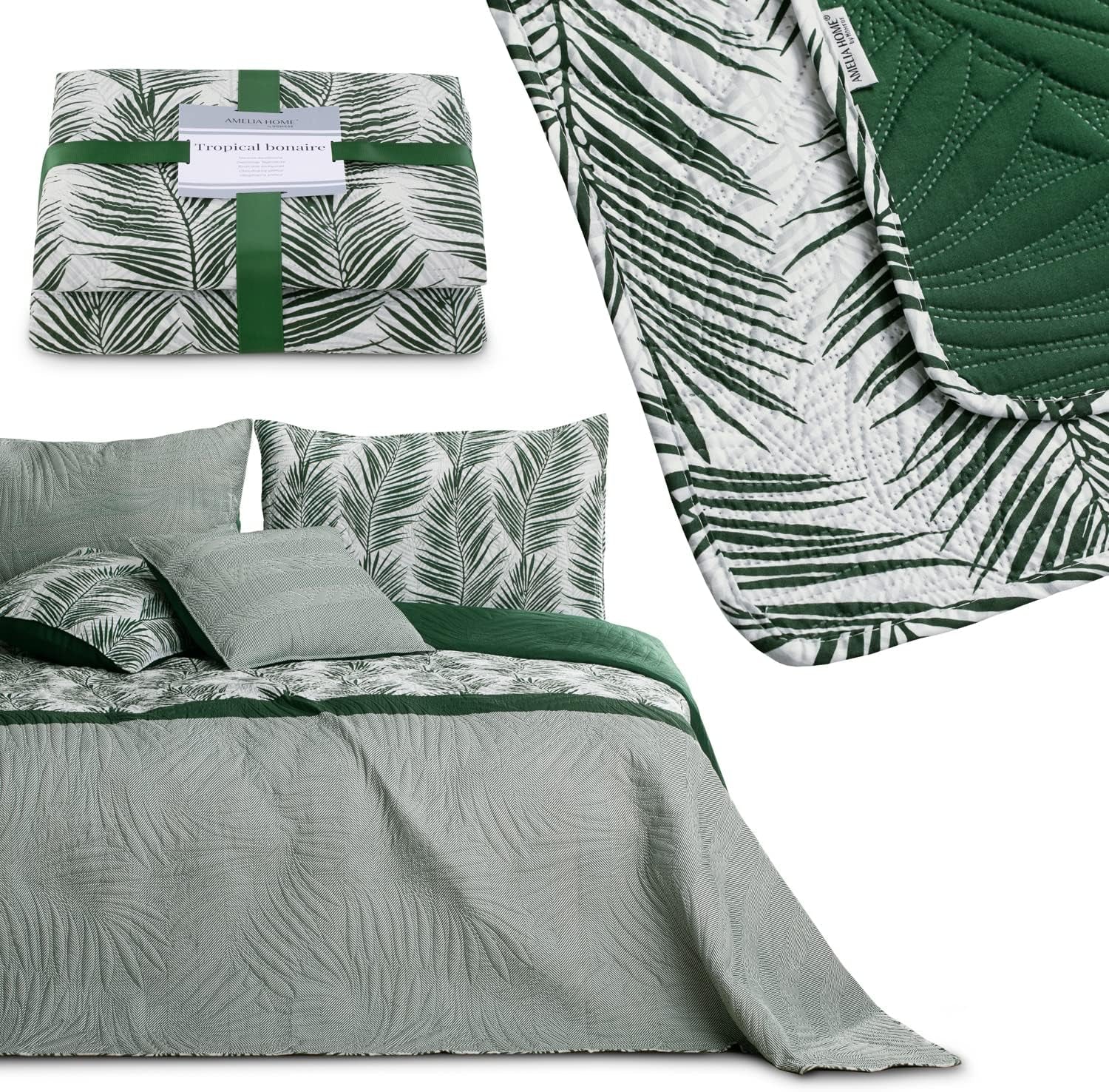 Ameliahome Sengetæppe Sengetæppe 170X210 Cm Dobbeltsidet Letpleje Sengetæppe Plantemønster Grøn Hvid Tropisk Bonaire Senge og Tæpper Besuche den AmeliaHome-Store