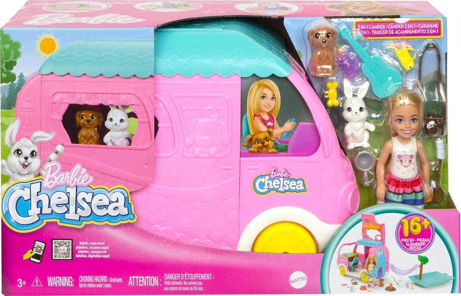 Barbie Chelsea 2-i-1 campingvogn - legetøjskøretøj med pool, hængekøje og spiseplads til fantasifuld leg og historie, i alderen 3+, HNH90
