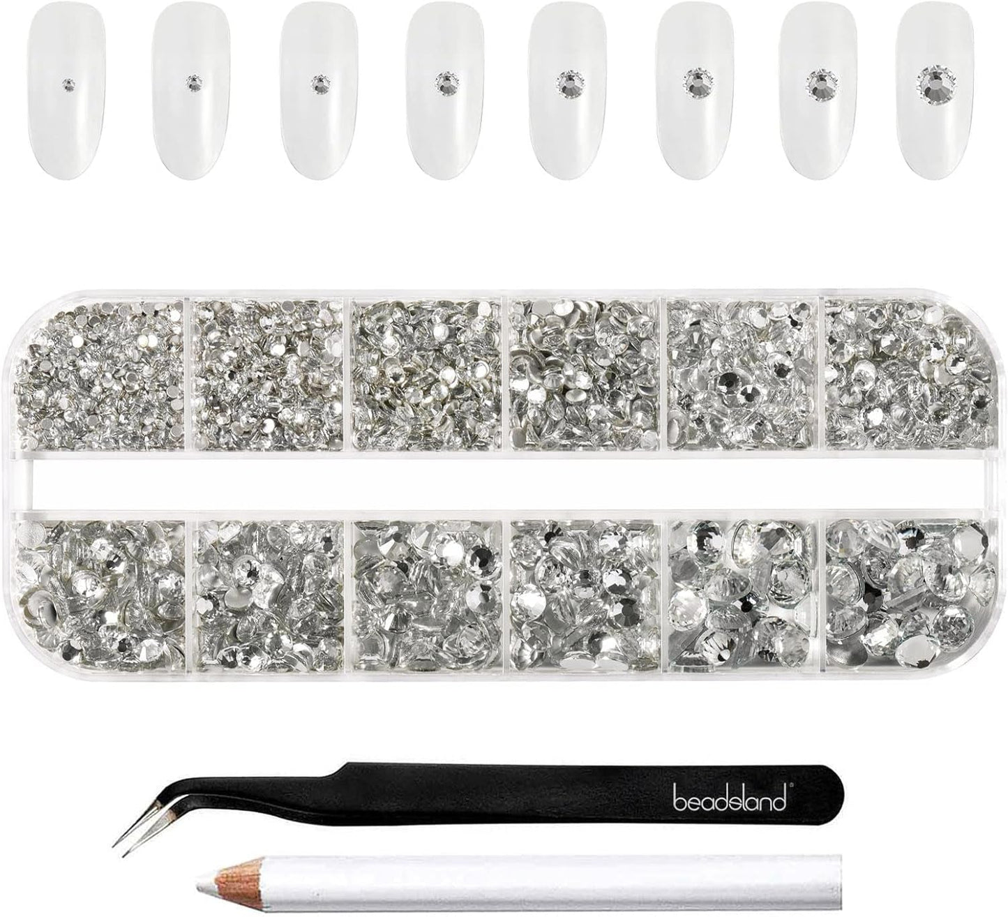 Beadsland 2500 stk Glas Nailart Strasssteine ​​​​Kristall Flatback Edelsteine ​​​​Runde, ​​Für Handwerk Gemischt 8 Größen SS4 ~ SS30 Mit Picking Pinzette Und Stift (Kristall Weiss)