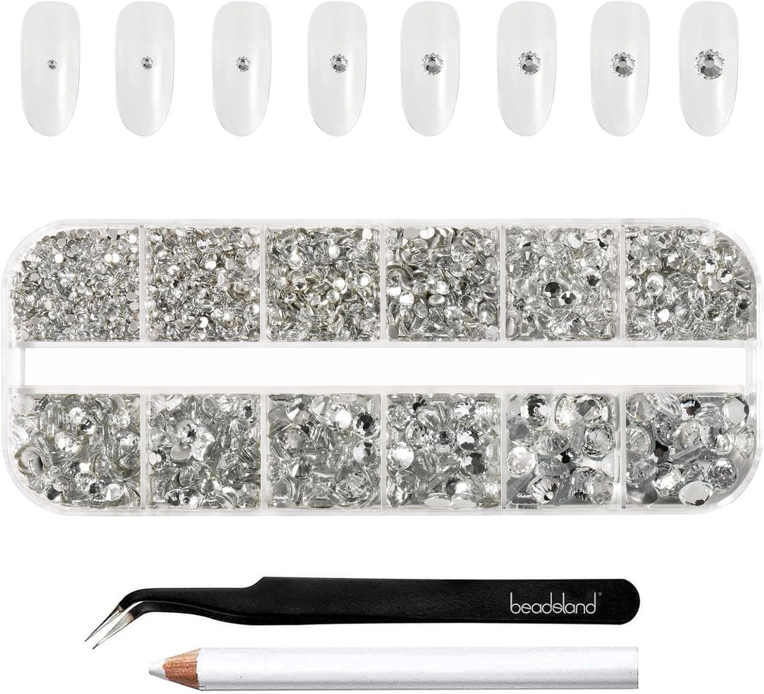Beadsland 2500 stk Glas Nailart Strasssteine ​​​​Kristall Flatback Edelsteine ​​​​Runde, ​​Für Handwerk Gemischt 8 Größen SS4 ~ SS30 Mit Picking Pinzette Und Stift (Kristall Weiss)