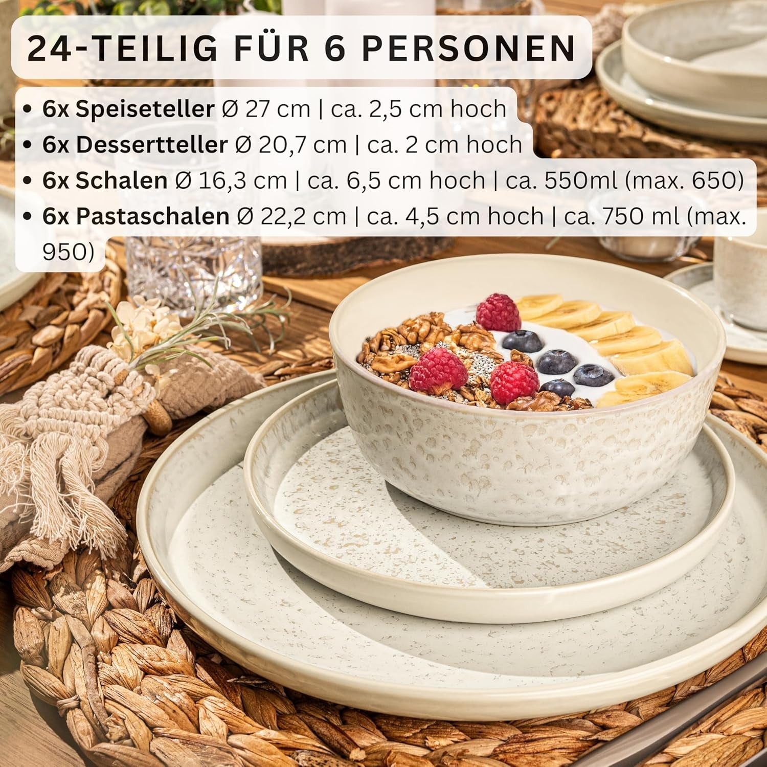 SÄNGER Key West | Stentøjsservisesæt 24-dele middagstallerkensæt til 6 6 middagstallerkener kornskåle Desserttallerkener Pasta skåle Creme servise med sandet tekstur | VÆRDIINDSAMLING