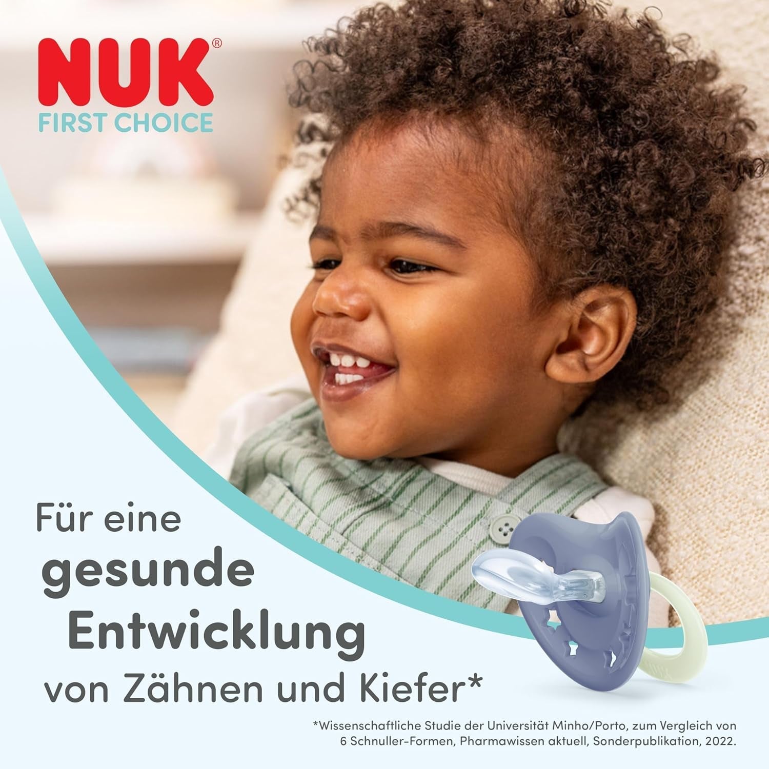 NUK First Choice klassiske dag- og natsutter til babyer | 6-18 måneder | Ortodontiske sutter der lyser i mørke | 95 % accept af babyer** | Blå | Pakke med 2