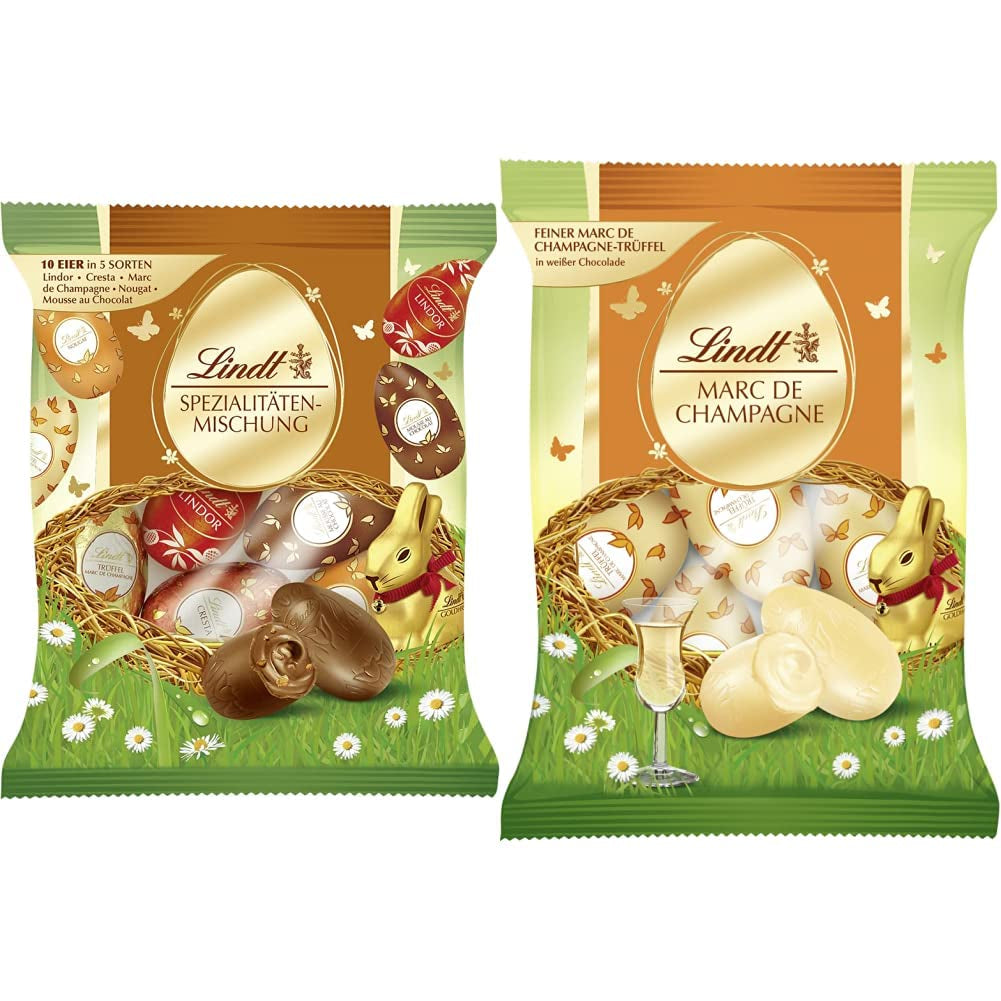 Speciel chokoladeblanding | 2 x 180g | Sødmælksæg i fem varianter med og uden alkohol (Æg Marc de Champagne og chokoladetrøfler | 3 x 90 g)