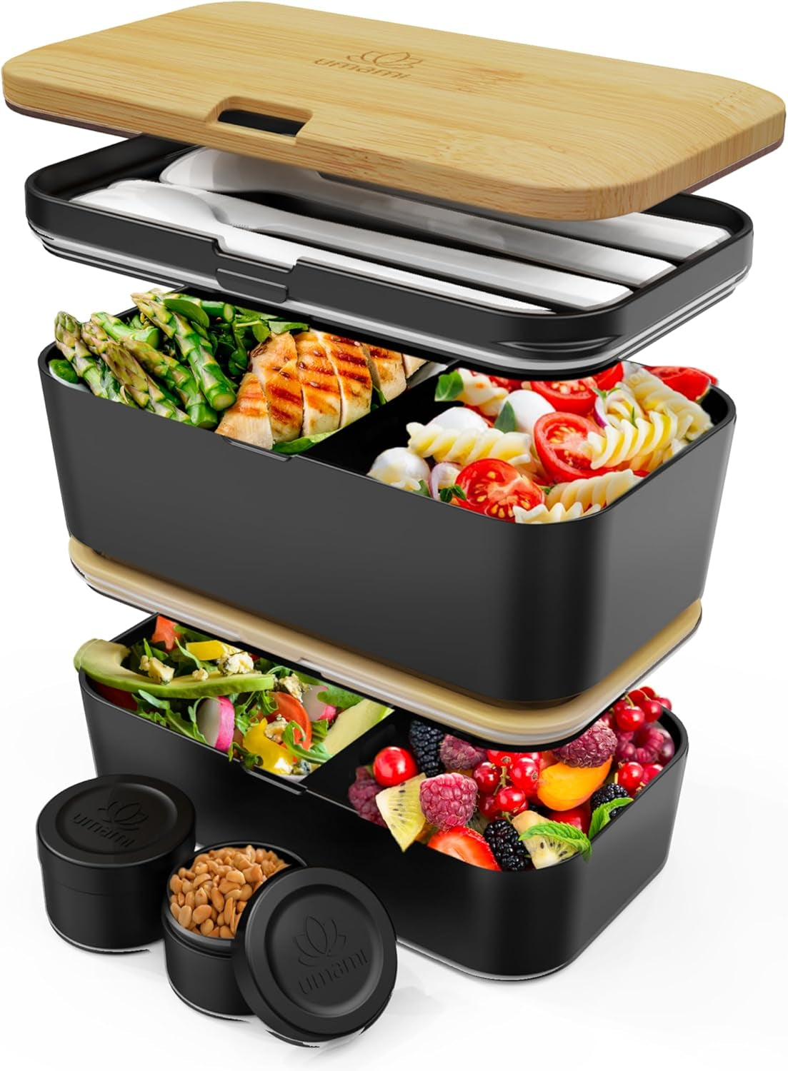 Umami Madpakke til voksne, Lækagesikker stabelbar Bento-kasse med 4 bestik og rum, Voksen Madkasse, To-Go-salatbeholder, Picnic-/kontormadkasse, koksgrå, 1500 ml