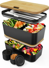 Umami Madpakke til voksne, Lækagesikker stabelbar Bento-kasse med 4 bestik og rum, Voksen Madkasse, To-Go-salatbeholder, Picnic-/kontormadkasse, koksgrå, 1500 ml