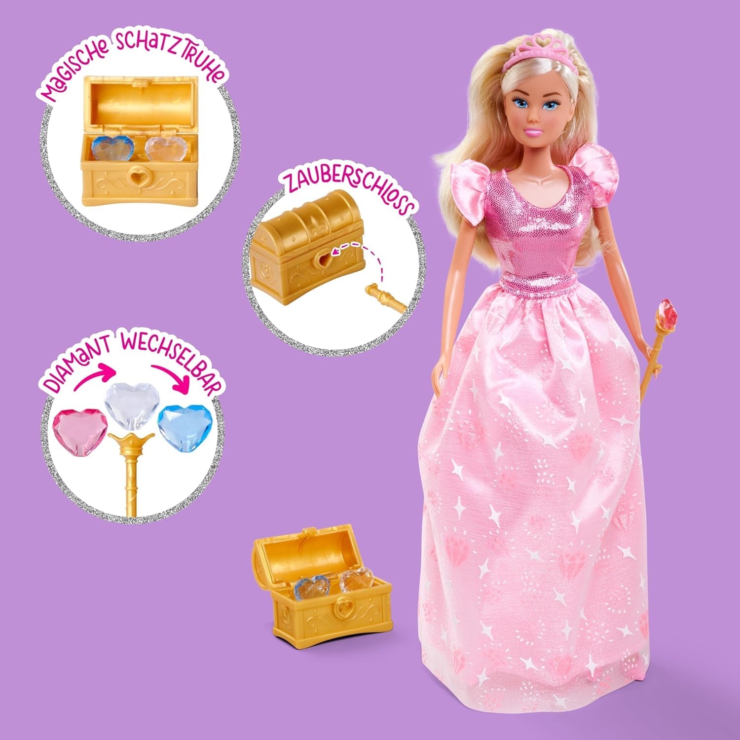 Simba Steffi Love Princess Diamond Princess Legedukke med magisk skattekiste, scepter og diamanter, 29 cm, 3 år og opefter