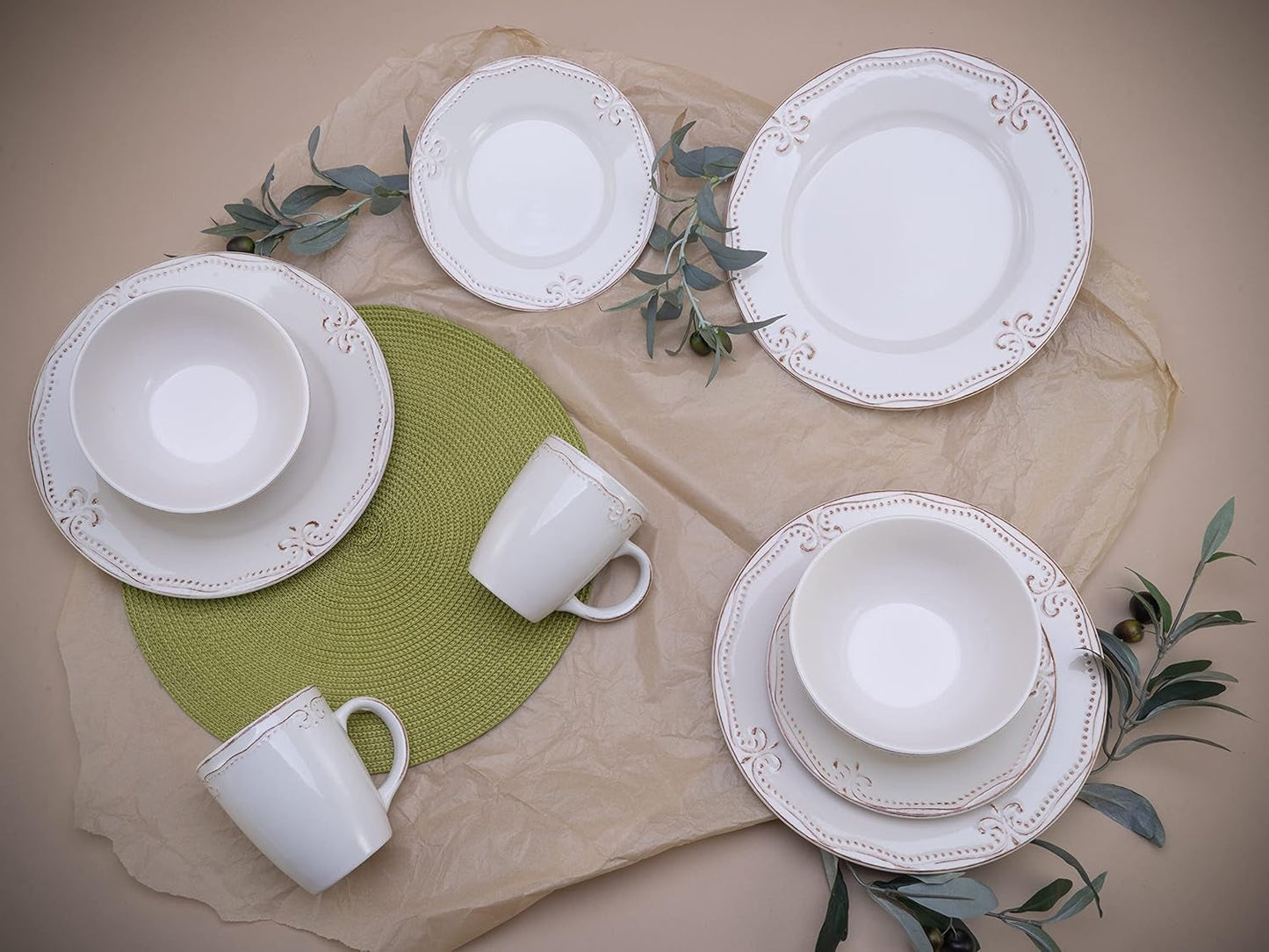 CreaTable, 23601, Romantic Vintage Series, 16-delt porcelænssæt til 4, Porcelænskombinationsservice, Tåler opvaskemaskine og mikroovn, Kvalitetsfremstilling