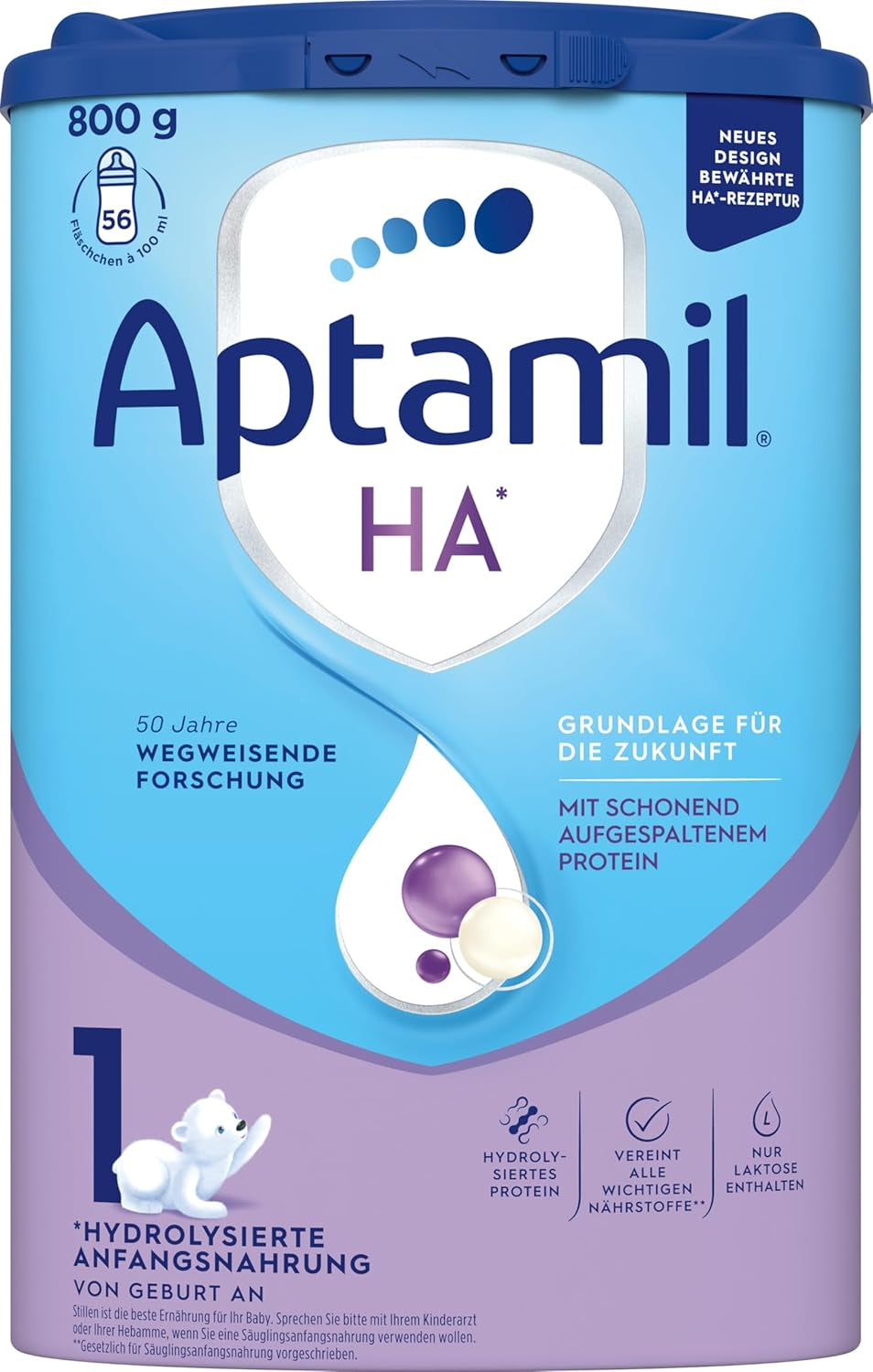 Aptamil HA 1 - Modermælkserstatning fra fødslen, med DHA, laktosefri, palmeoliefri, babymad, mælkepulver, 1 x 800 g