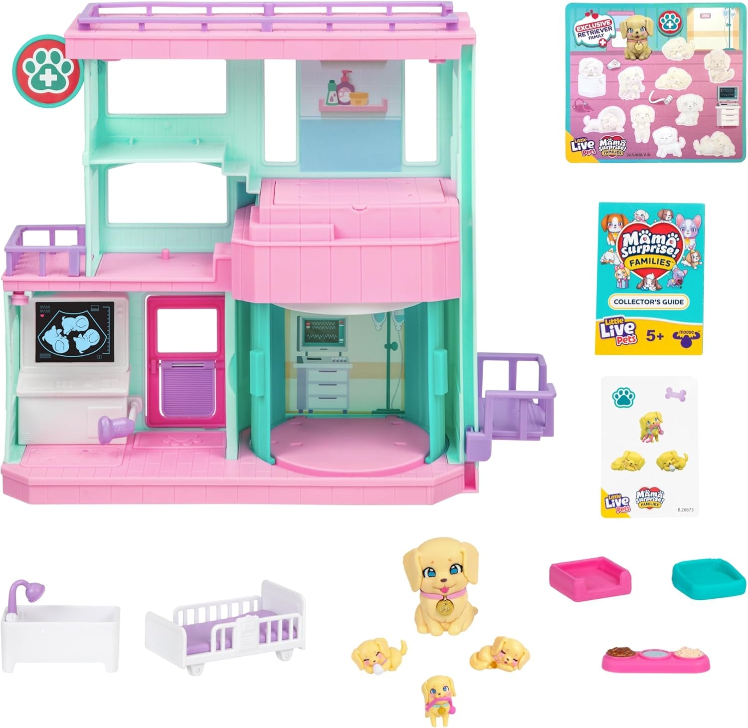 Little Live Pets Mama Surprise Families Baby Clinic Legesæt, 3 Retriever-hvalpe inkluderet, Magic, Dobbeltsidet Legesæt (27,8 cm B, 23,8 cm H). Fodring, badning og leg, gave til børn Actionfigurer Naty Shop