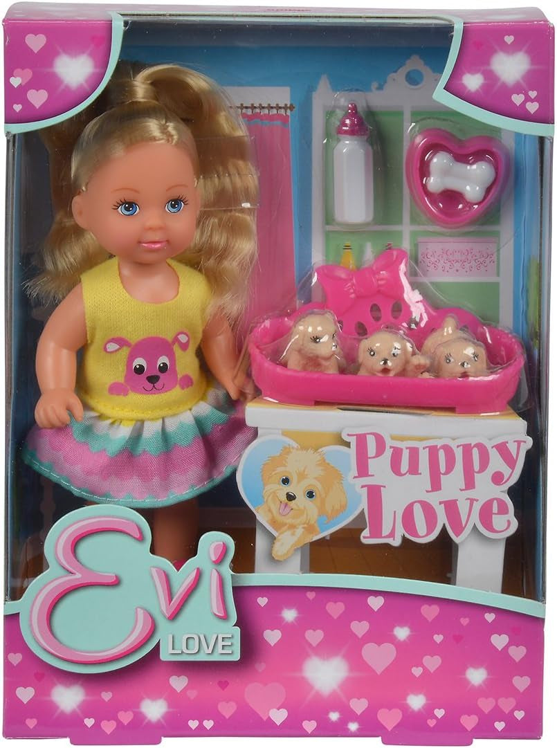 Simba 105733041 - Evi Love Puppy Love med TRE hvalpe, med hundehus og tilbehør, modedukke, 12 cm, til børn i alderen 3+