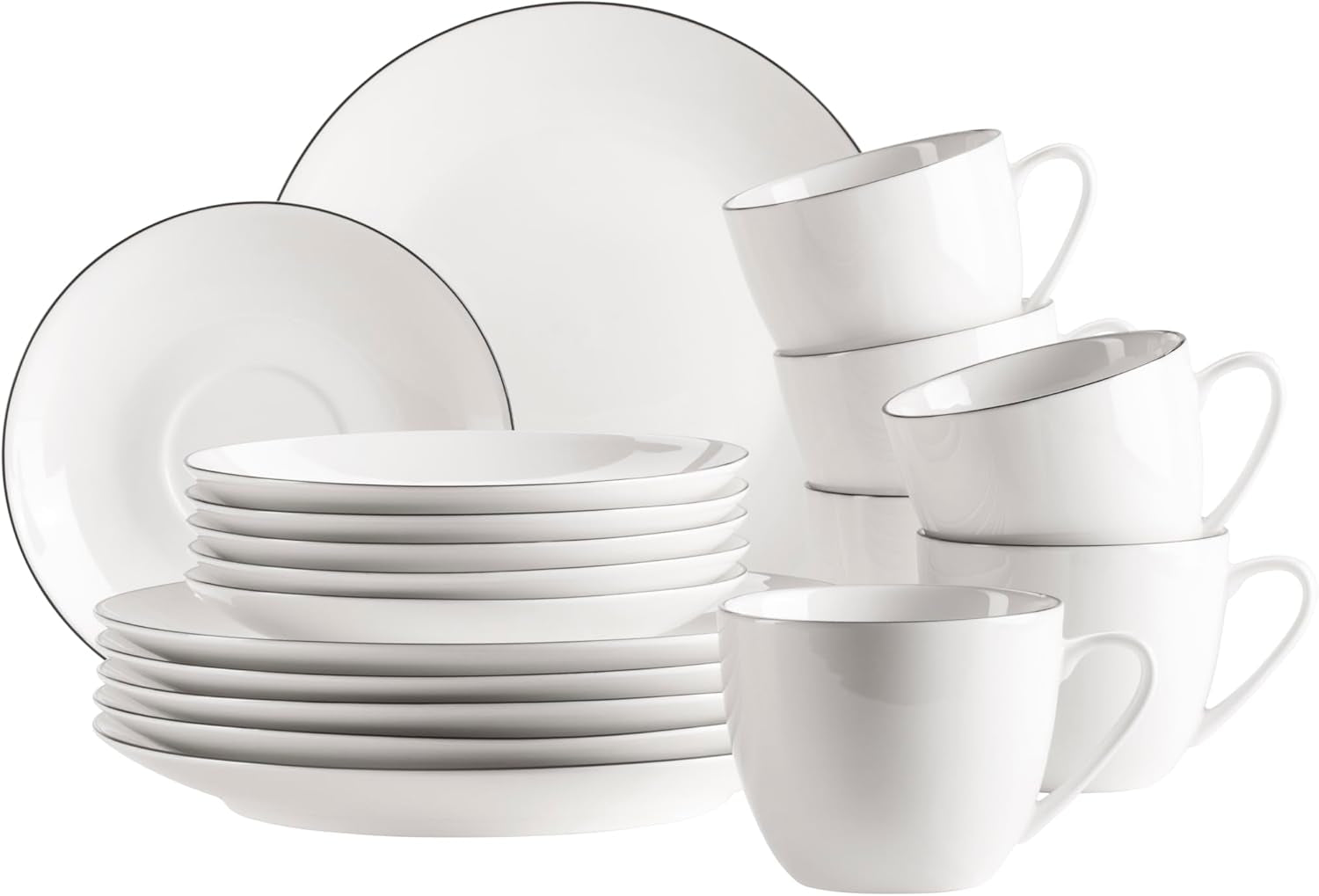 MÄSER Felise serie, elegant kaffestel til 6, tidløs, sort kant, porcelæn, hvid