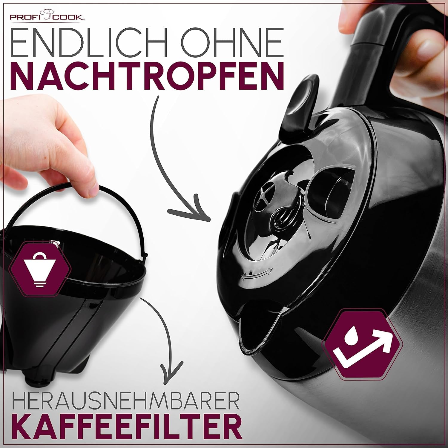 Kaffemaskine Profi Cook | 8-10 kopper | Timer | Sensor Touch-kontrol | 1,2 liter dobbeltvæg termokande | Smagsforsegling | Kaffemaskine med filter i rustfrit stål | PC-KA 1191
