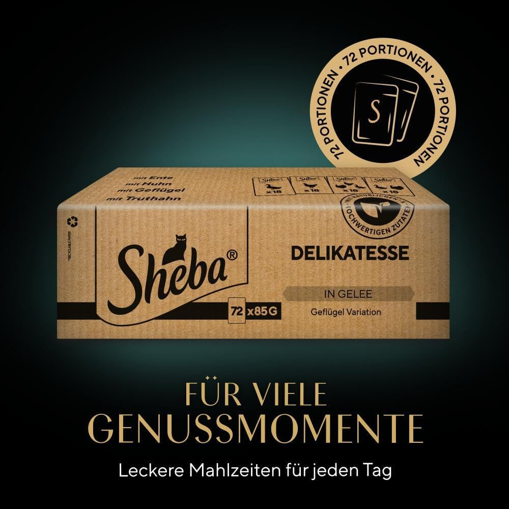 SHEBA Våd kattefoder - 72 poser x 85g - Fjerkrævariant i gelé - Våd kattefoder - 1 stor pakke