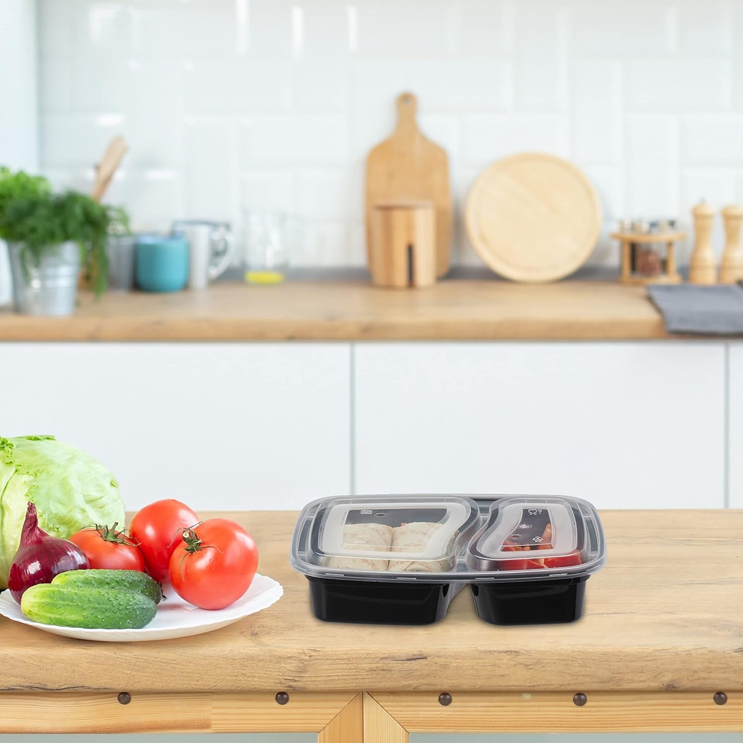 Relaxdays Meal Prep Boxes, Sæt med 10, 2 rum, Mikrobølgeresistent, 800ml, Plast Mad Box med Låg, Sorte Mad Opbevaringsbokse Naty Shop