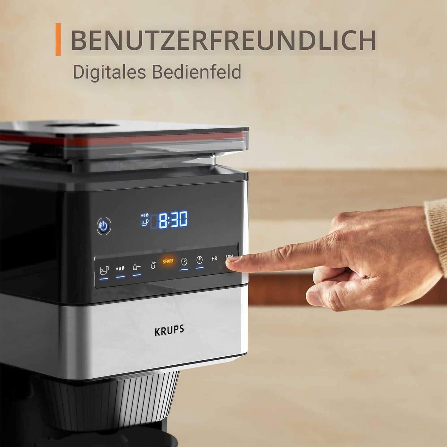 KRUPS Grind Aroma XL Espressomaskine, Aftagelig konisk kværn, Digital Kontrolpanel, XL Kapacitet (1,5 L), Hold varm funktion, Glaskaraffel, Sort/rustfrit stål, KM842810