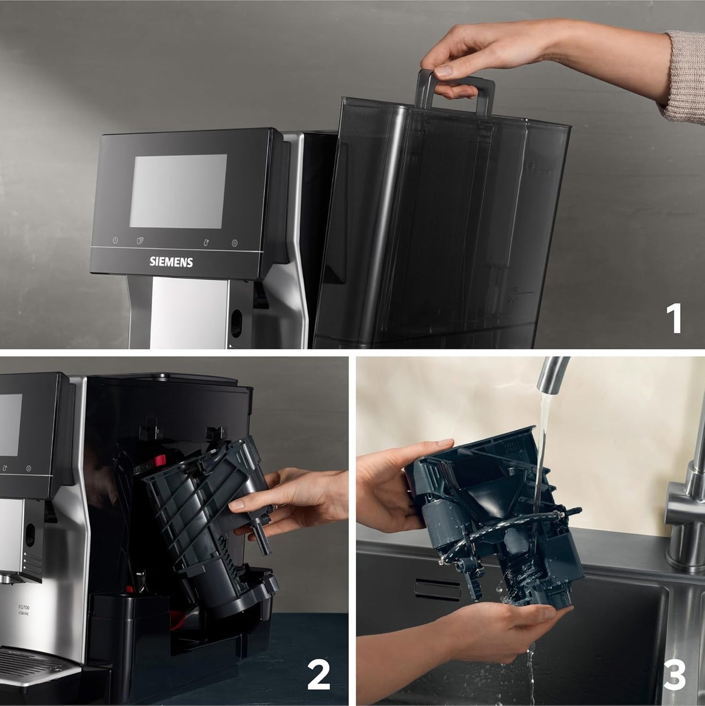 Automatisk espressomaskine Siemens EQ700 classic TP715D01, app-kontrol, koldbryggning, intuitiv touch-display, op til 10 individuelle kaffekreationer som favoritter, automatisk damprensning, 1500 W, sølvgrå