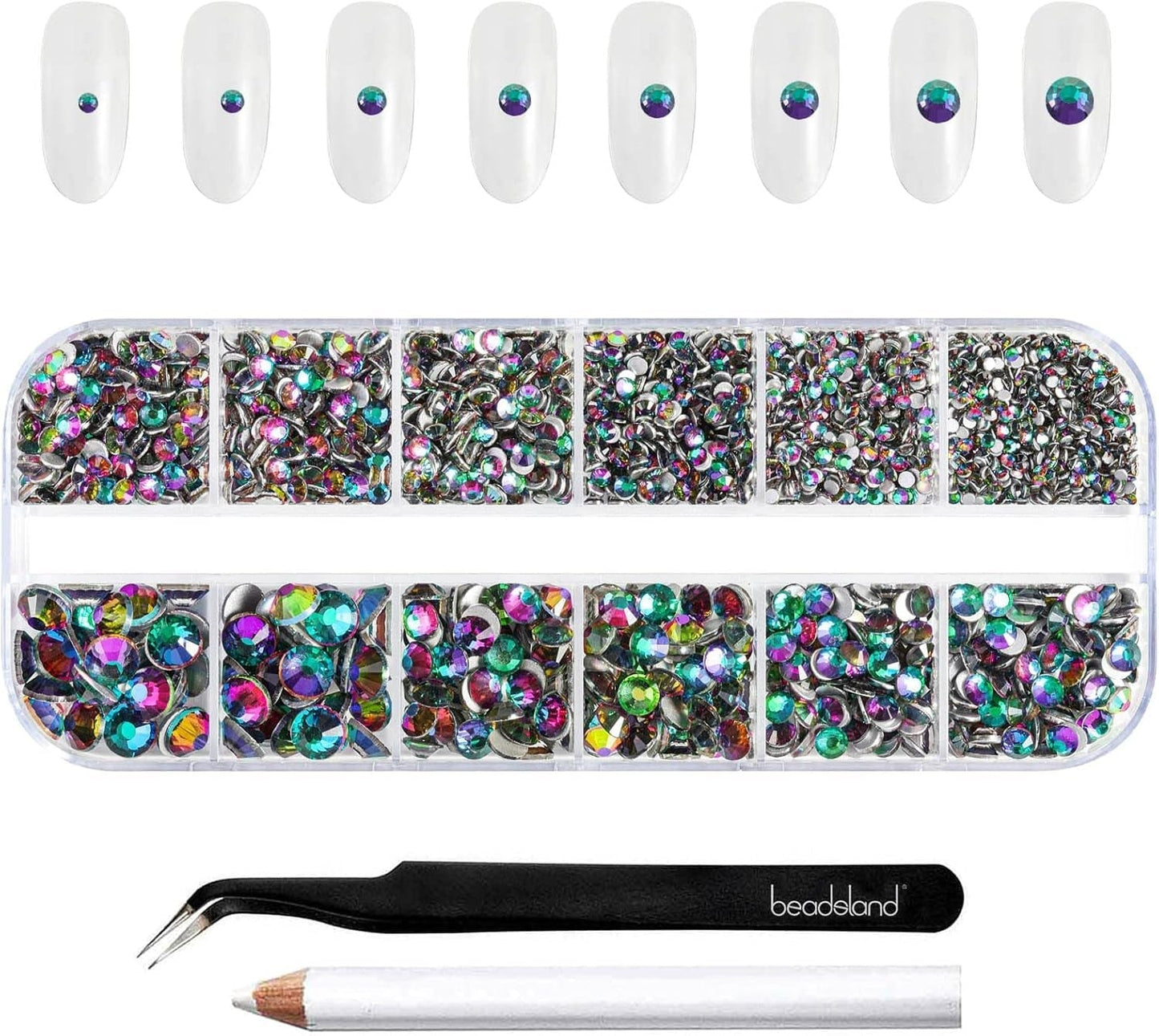 Beadsland 2500 stk Glas Nailart Strasssteine ​​​​Kristall Flatback Edelsteine ​​​​Runde, ​​Für Handwerk Gemischt 8 Größen SS4 ~ SS30 Mit Picking Pinzette Und Stift (Kristall Weiss)