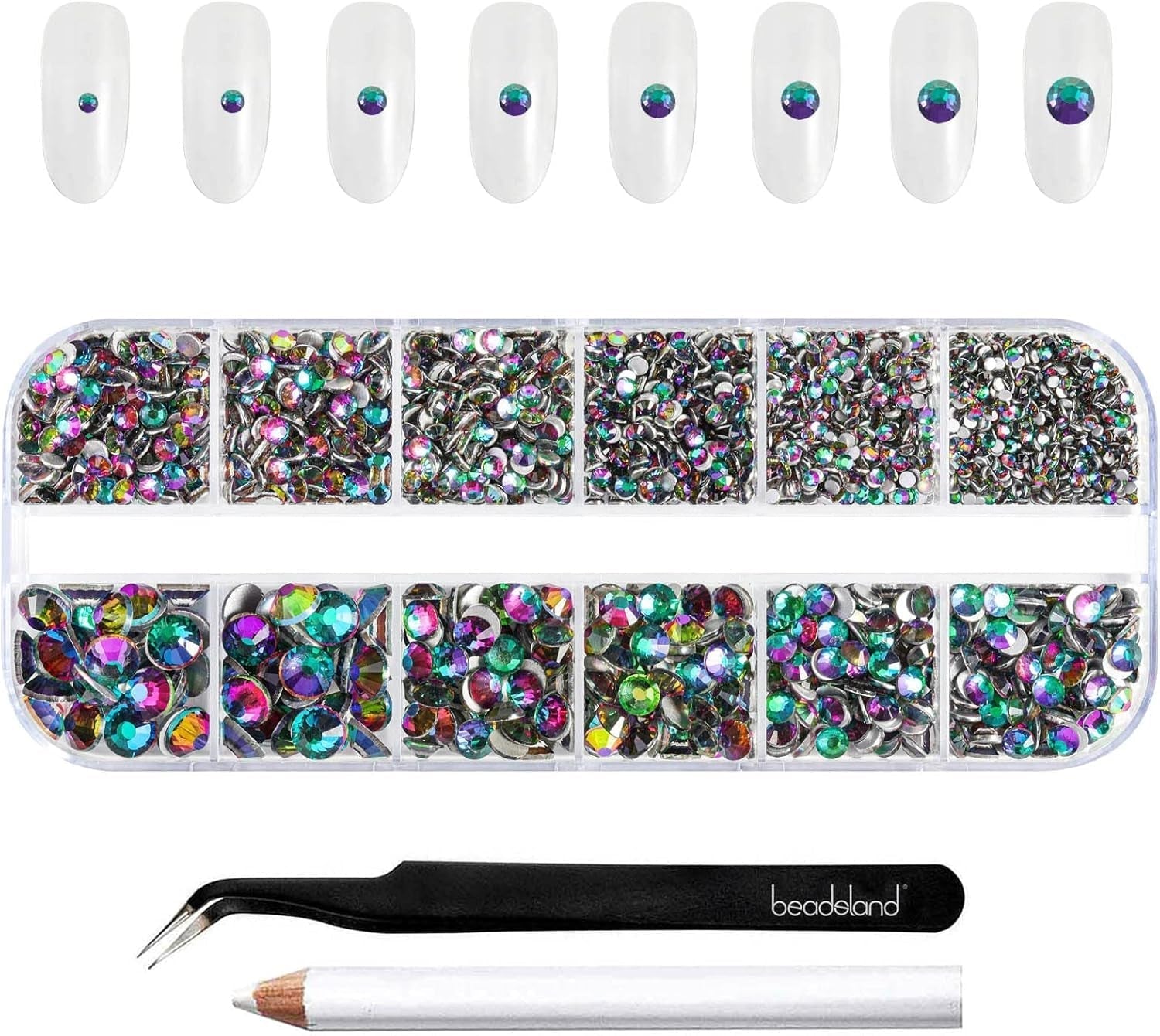 Beadsland 2500 stk Glas Nailart Strasssteine ​​​​Kristall Flatback Edelsteine ​​​​Runde, ​​Für Handwerk Gemischt 8 Größen SS4 ~ SS30 Mit Picking Pinzette Und Stift (Kristall Weiss)