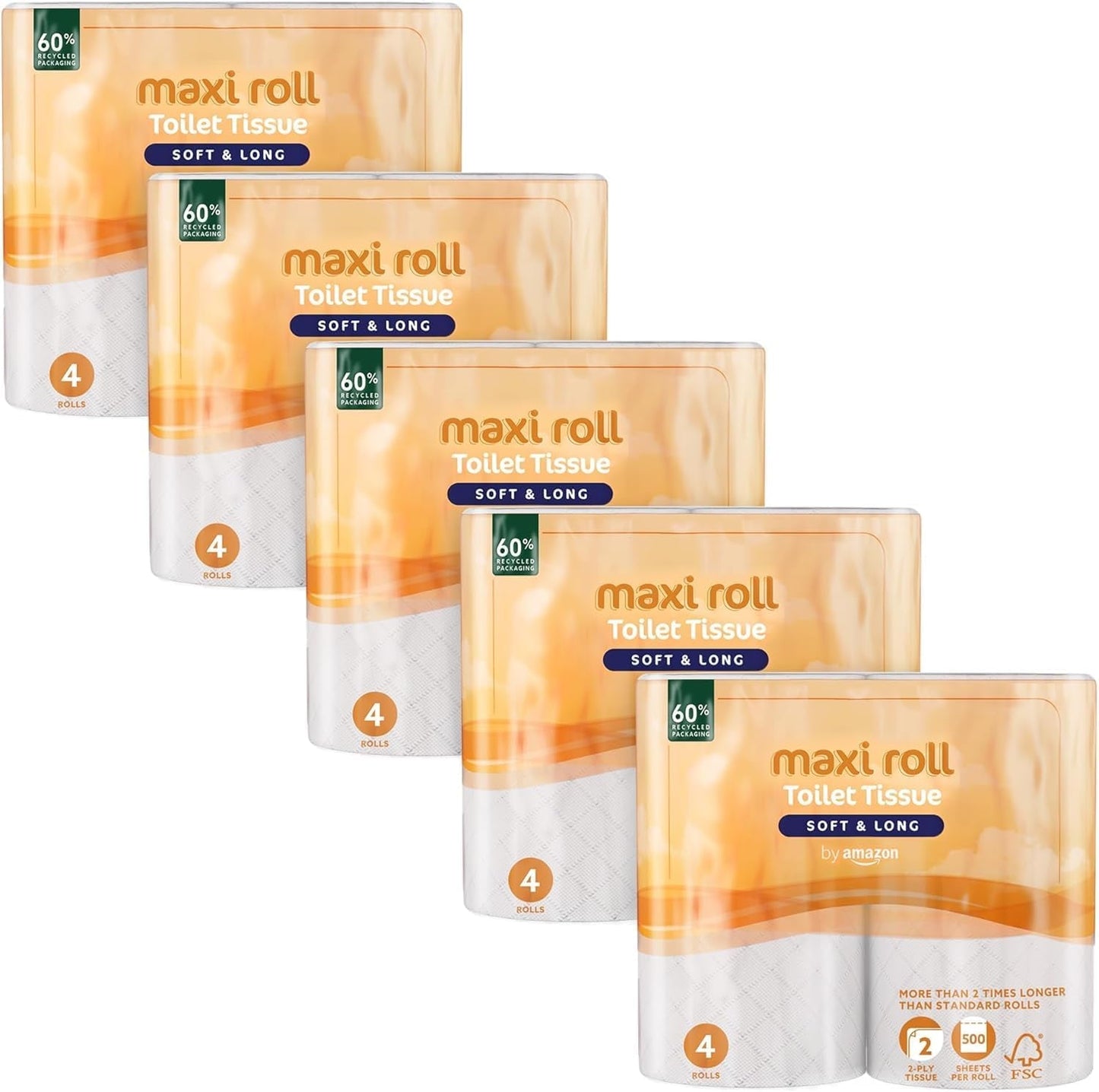 Af Amazon toiletpapir (Maxi Roll), 2-lags, quiltet, blødt og delikat, 20 ruller (5 pakker af 4), 500 tårer pr. rulle, Fsc-certificeret