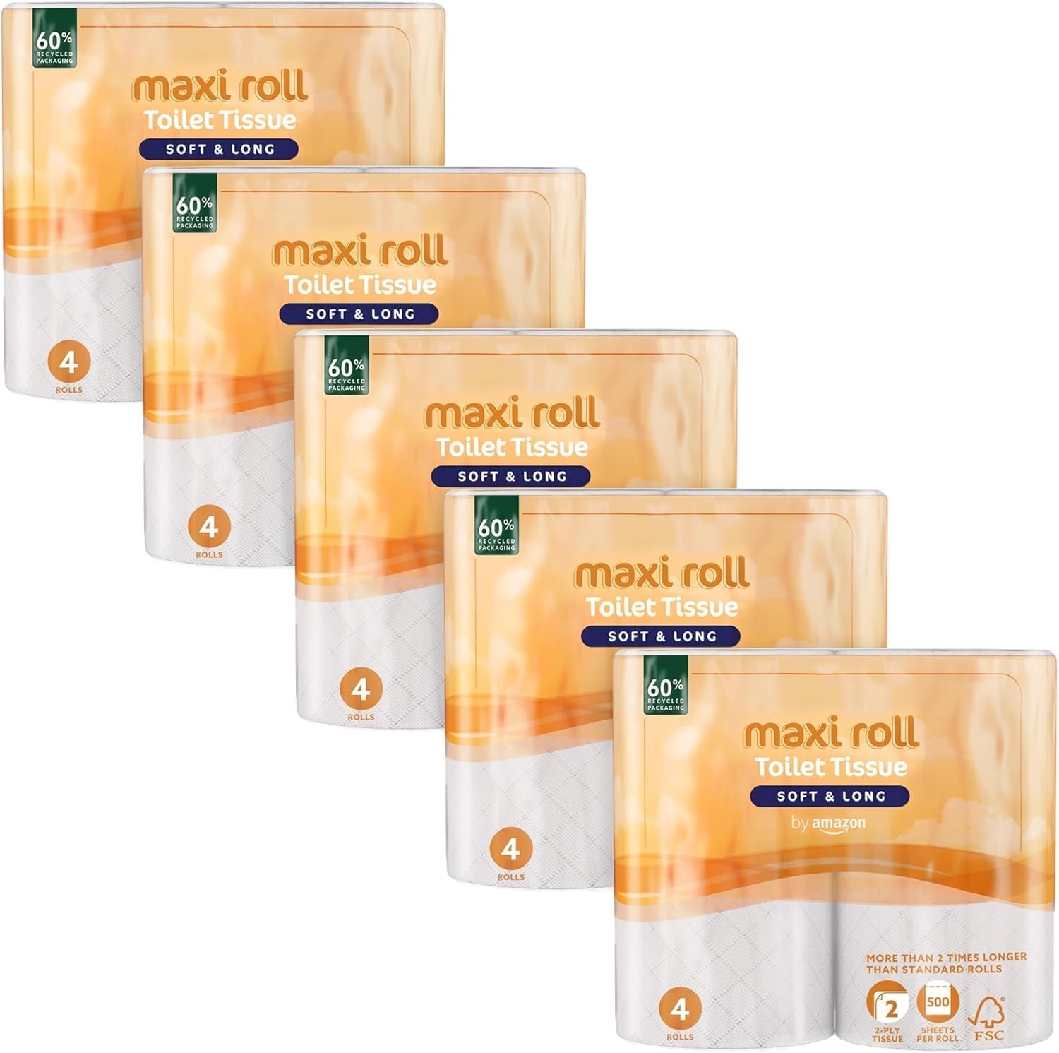 Af Amazon toiletpapir (Maxi Roll), 2-lags, quiltet, blødt og delikat, 20 ruller (5 pakker af 4), 500 tårer pr. rulle, Fsc-certificeret