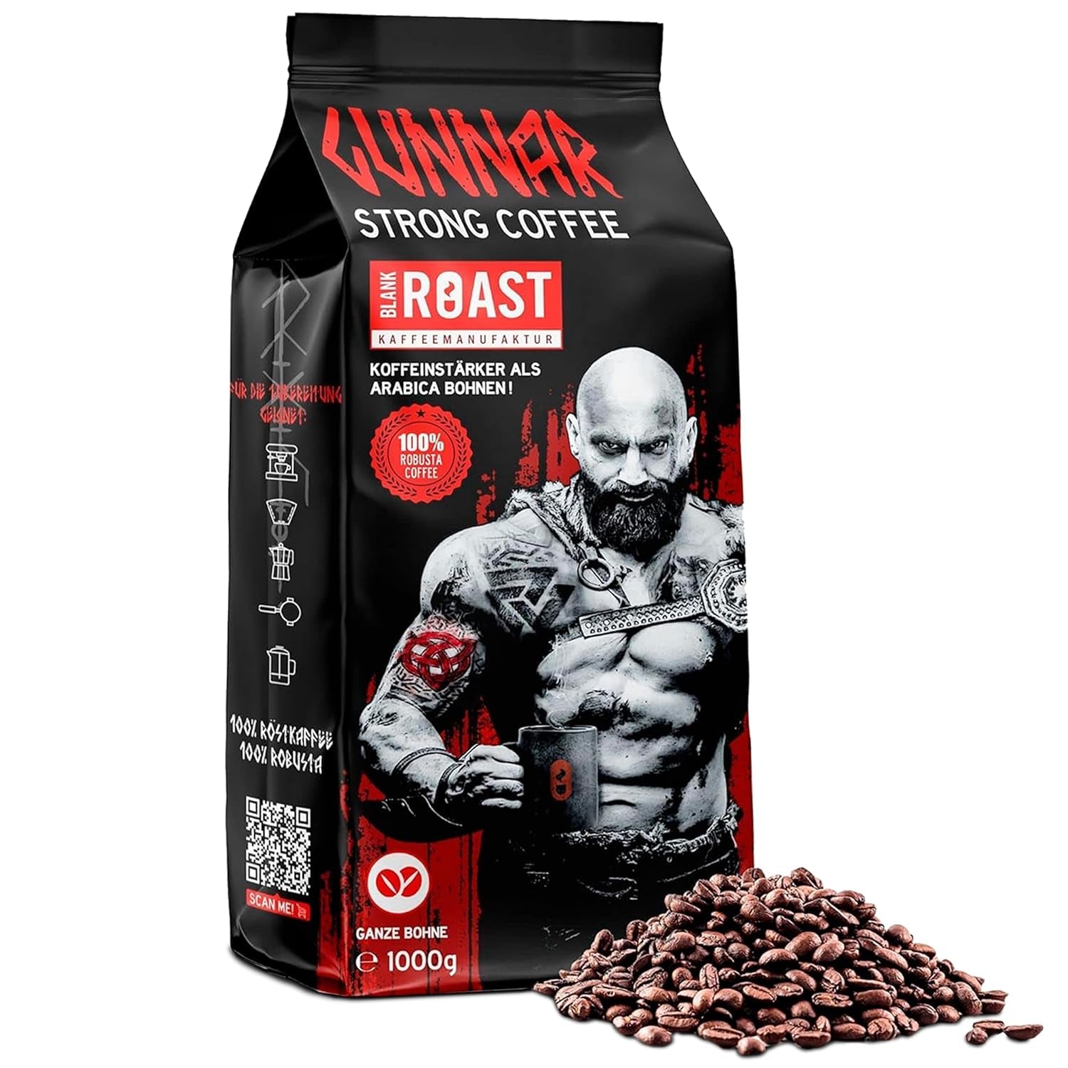 Blank stege - GUNNAR - 1 kg - Hele Kaffee-Bohnen Extra Strong - Kräftige Robusta-Röstung - 494mg Kaffein i Tasse - Würzig & Kraftvoll mit Noten af ​​dunkler Schokolade - Säurearm