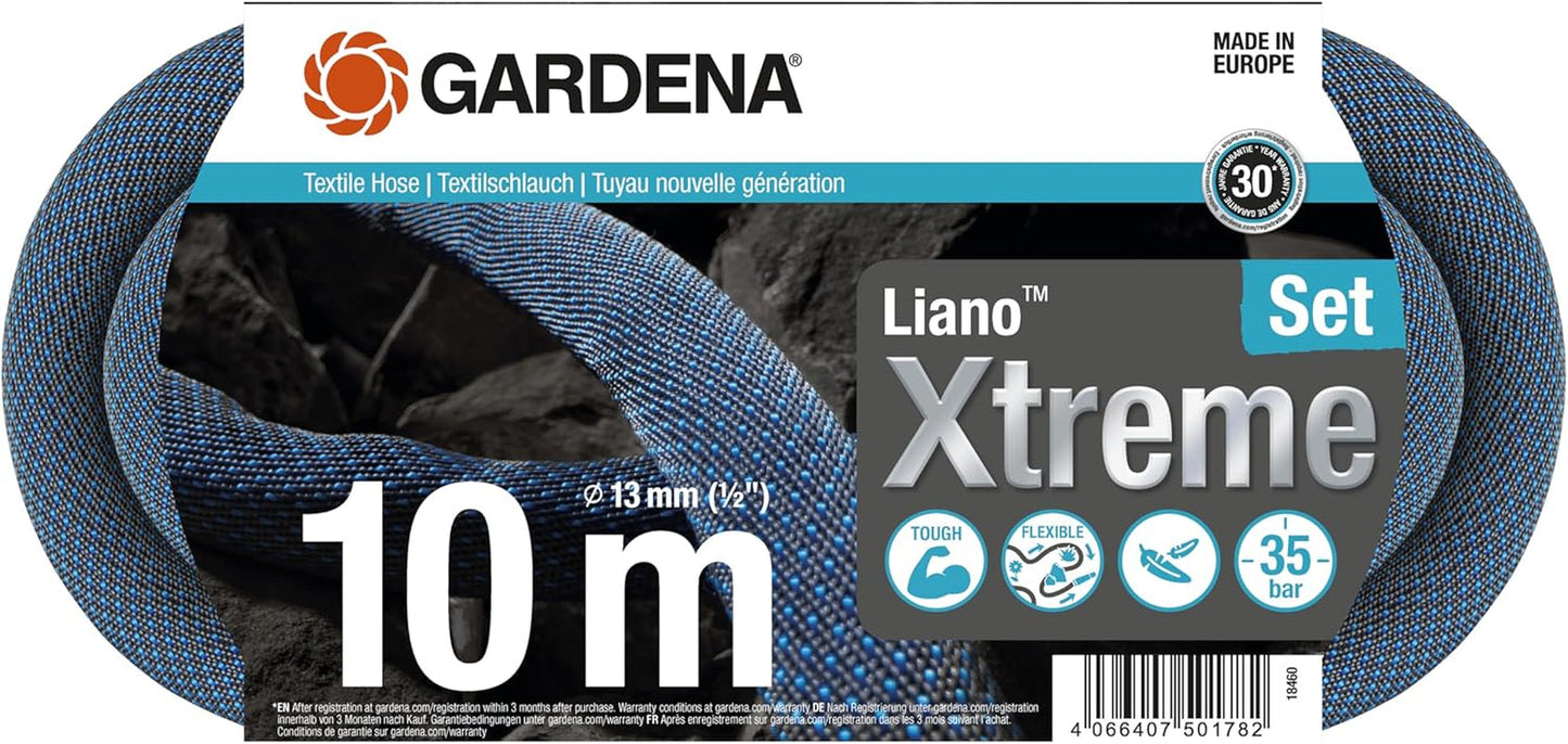 Gardena Liano Xtreme 1/2 tomme 10m sæt: Ekstremt robust tekstilhaveslange til indendørs vandhaner med let, vejrbestandig PVC inderslange (18460-20)