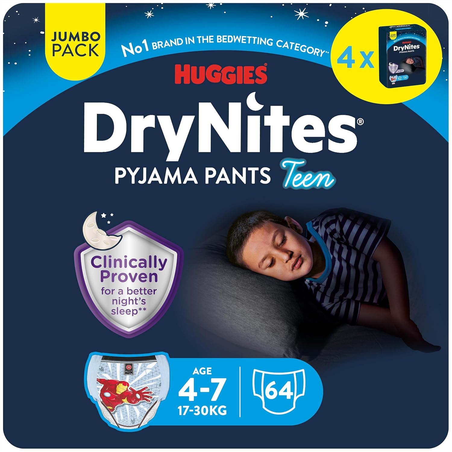 DryNites Absorberende sengevædningsbleer til drenge 4-7 år (17-30 kg), Jumbo månedlig pakke, 64