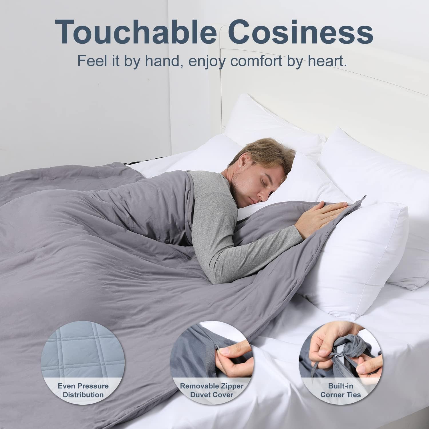 Winthome vægtet tæppe med dynebetræk 150X205 cm 10,4 kg, behageligt vægtet tæppe, anti-stress terapitæppe, tungt tæppe til dyb søvn og bedre restitution, tungt tæppe til voksne (grå) senge og tæpper Besuche den Winthome-Store