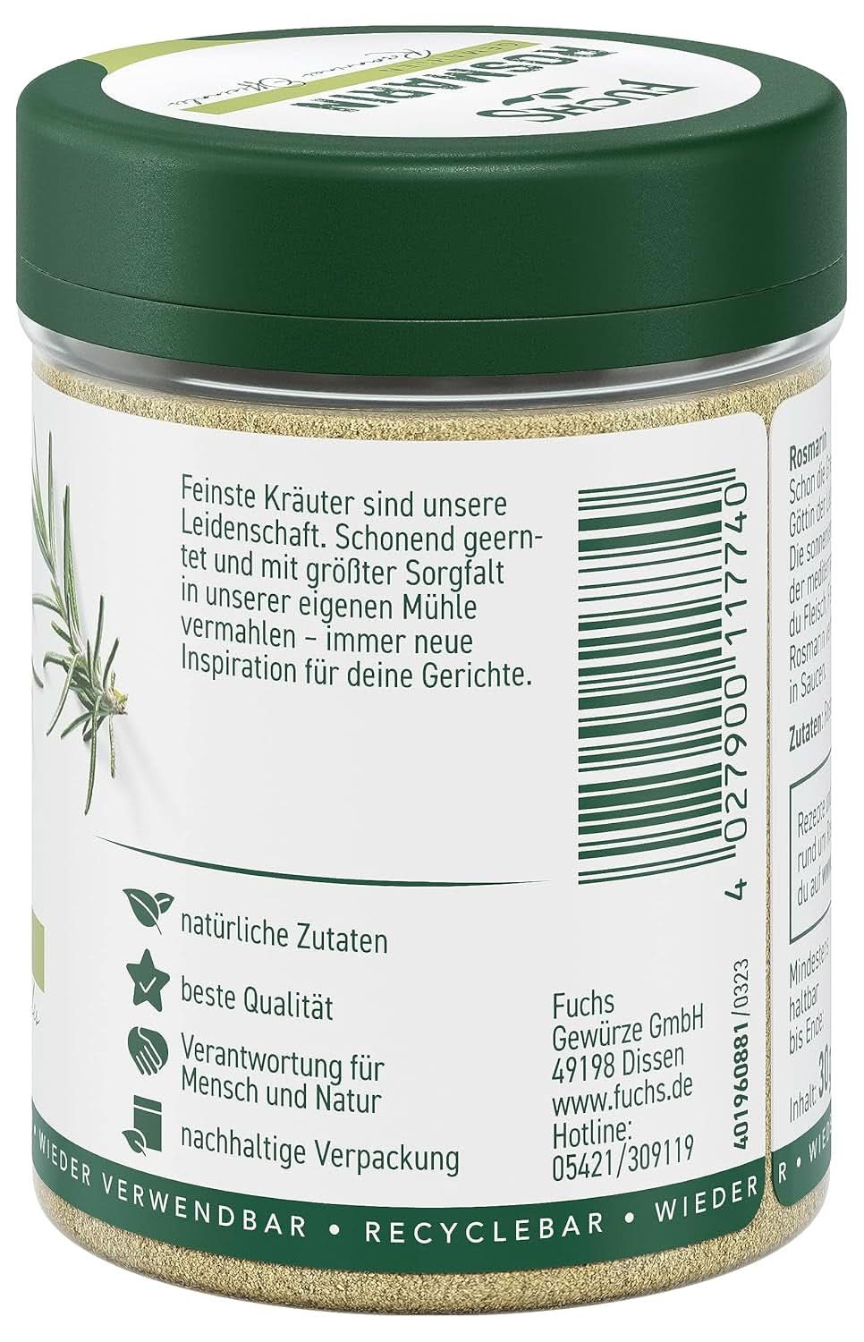Fuchs - Kværnet rosmarin - Til krydring af fisk, kød og grøntsager, 30 gram Condimente Naty Shop