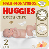 Huggies Newborn bleer, størrelse 2, 116 bleer (2 x 58), halvmåneders æske