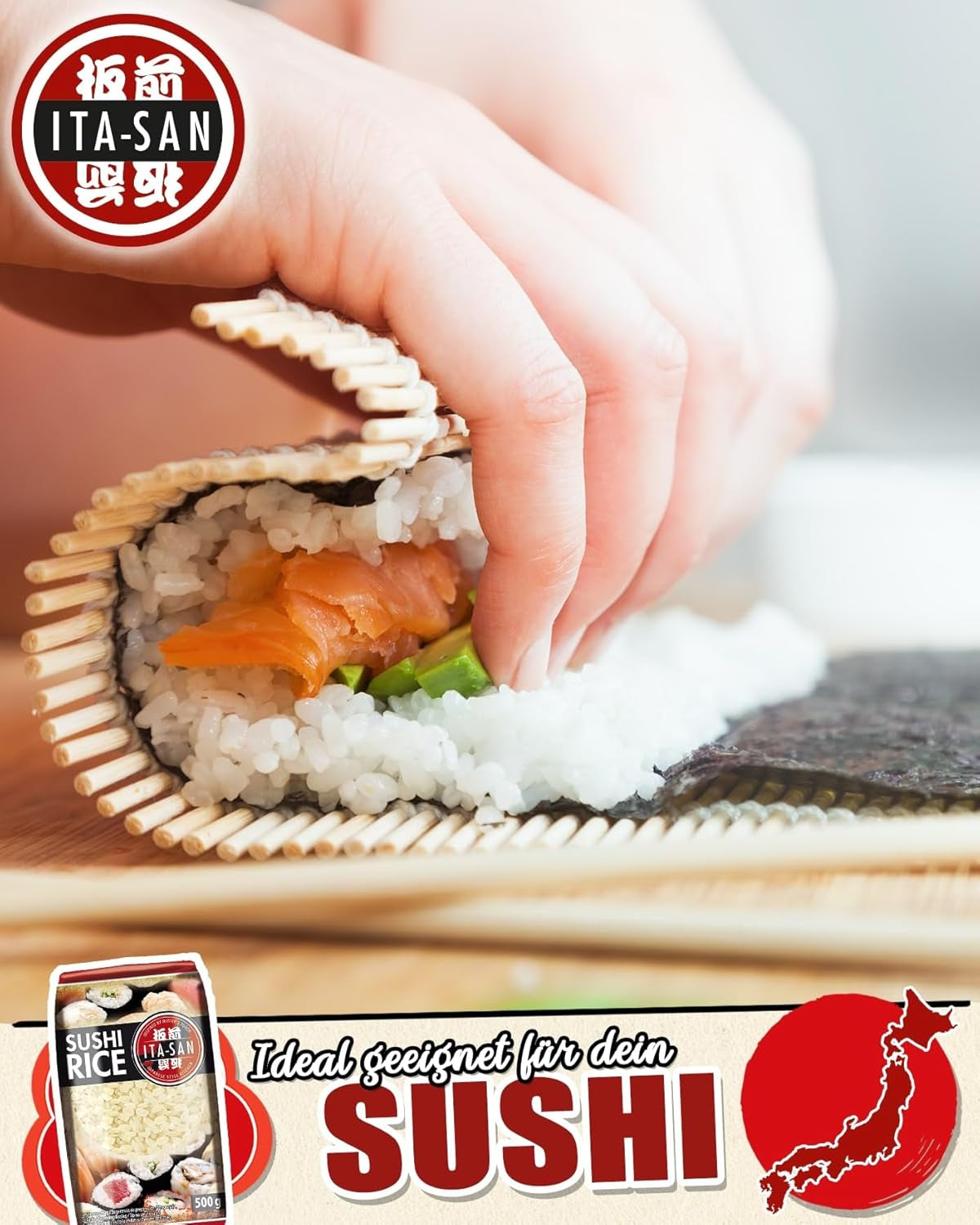 ITA-SAN Sushi-ris, rundkornet, topkvalitet, 100 % ren variant, hurtig og nem tilberedning, vegansk, halal, glutenfri (1 x 500 g)