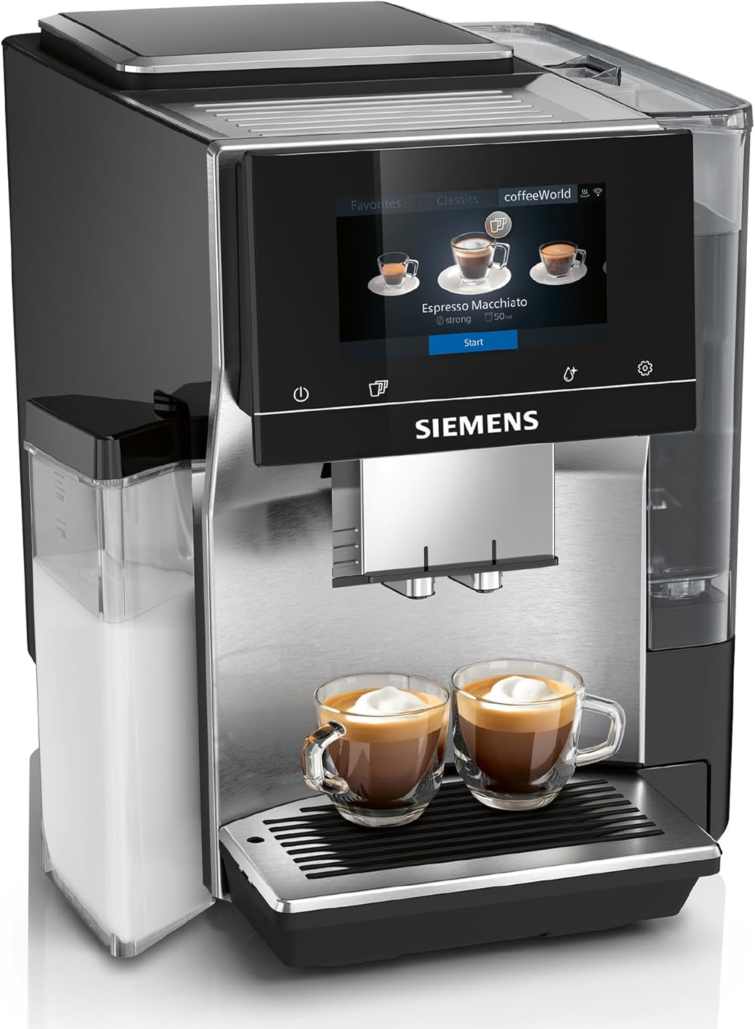 Siemens EQ700 fuldautomatisk espressomaskine, stor TFT-farveskærm, 36 varme og kolde drikke, koldbryg, 2 kops funktion, app kontrol, automatisk rengøringssystem, sort rustfrit stål, TQ717D03