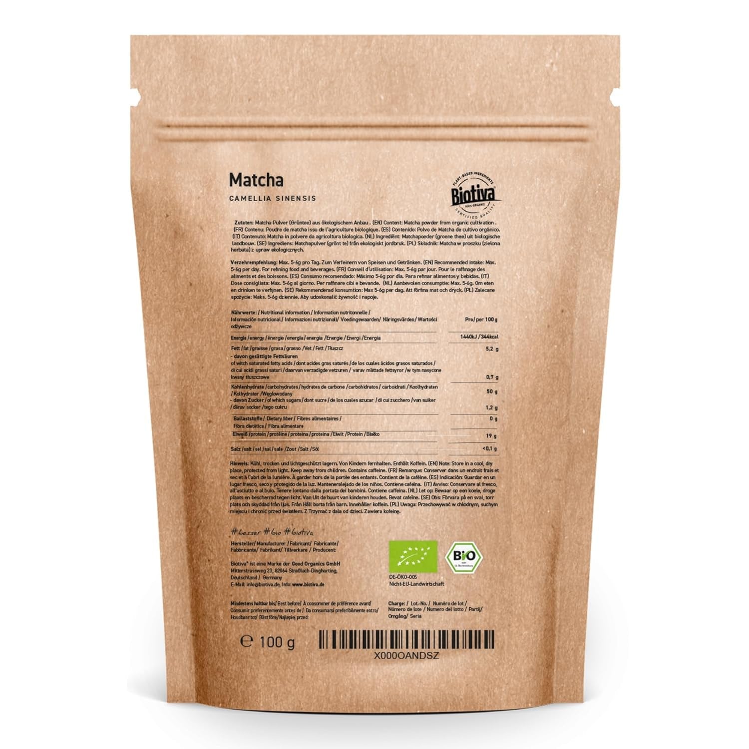 Økologisk Matcha-te 100g - Original Matcha-pulver - Tea Latte Smoothies - Økologisk Matcha af højeste kvalitet fra Japan - Aftappet og kontrolleret i Tyskland - Biotiva