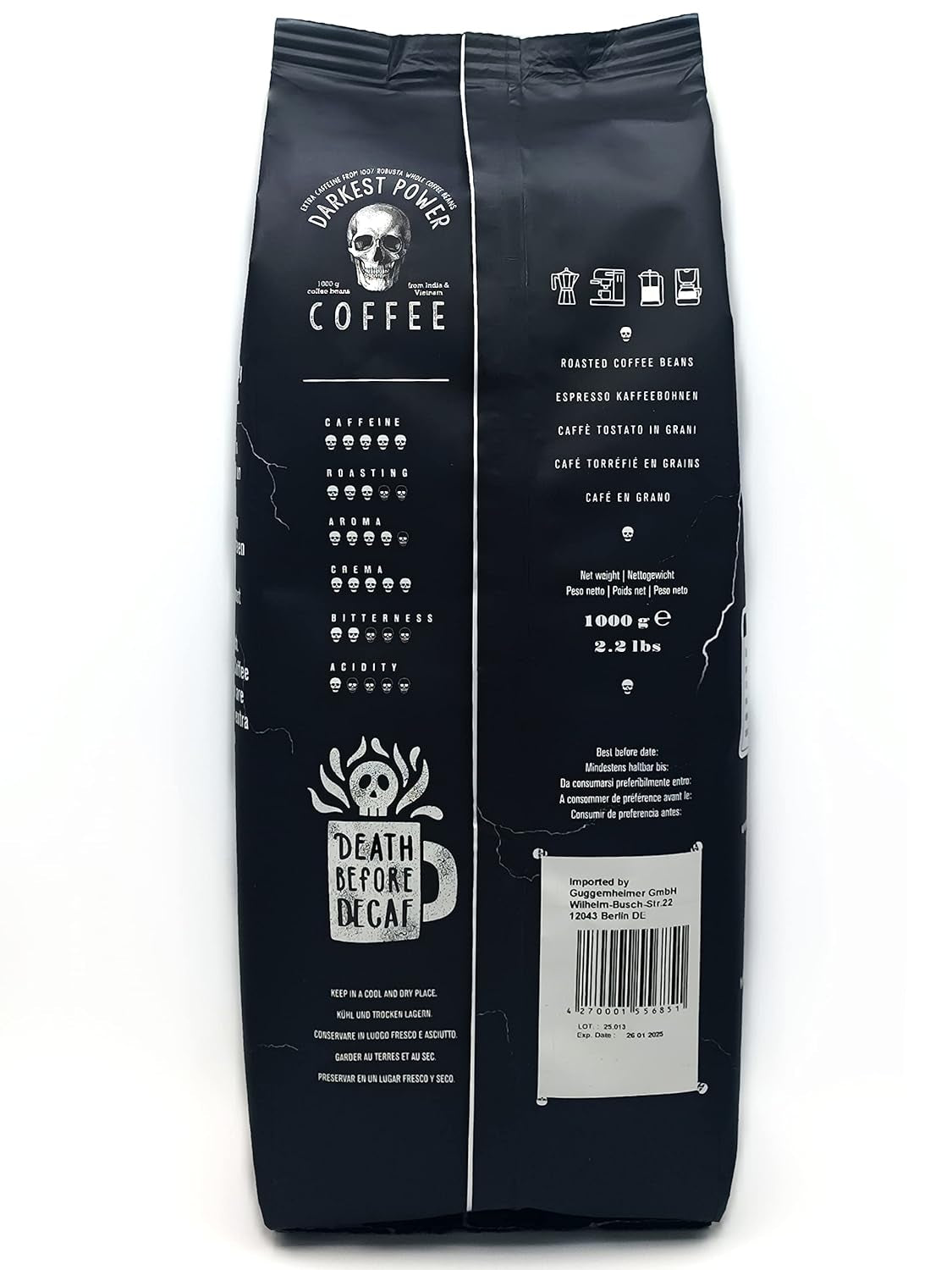 | Kaffeebohnen ekstra stærk | Espresso 100% Robusta | viel Kaffein wenig Säure | 1000g ganze Kaffee Bohnen | geigeint für Fuldautomatisk | mit Zufriedenheitsgarantie
