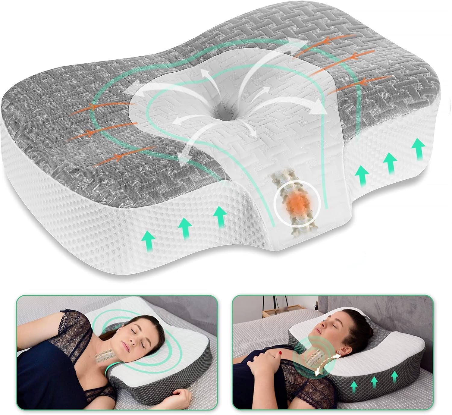 Elviros Memory Foam Ortopædisk pude Nakkesmertepude Sovepude Ergonomisk nakkepude Nakkestøttepude Anti-snorkepude til sidesover Mavesover Hvide cervikale ortopædiske puder Naty Shop Grå 60 X 38,6 X 9,9/13,5 Cm