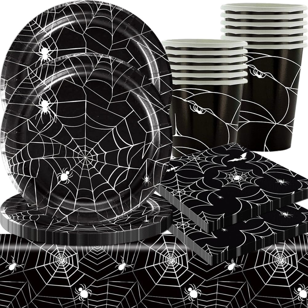 49 styks Halloween Spider Papir Bestiksæt Inklusiv tallerkener, servietter, glas og dug. Sort spisestel med desserttallerkener, servietter og glas.