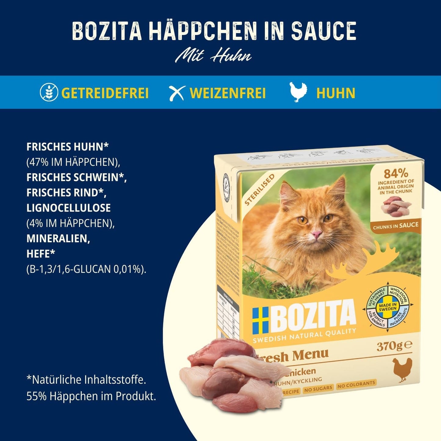 Bozita Tetra steriliserede stykker i sauce med masser af kylling - 6 x 370 g vådt korn og sukkerfri kattefoder - Ikke-GMO, med 8,5 % protein og 4,5 % fedt - høj kvalitet og ekstremt velsmagende