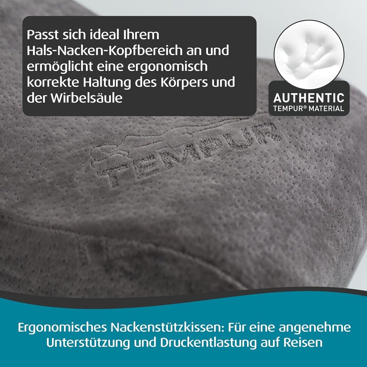 TEMPUR Memory Foam rejsepude, ergonomisk nakkepude, inklusive bæretaske, antracit, mål 25 x 31 x 10/7 cm