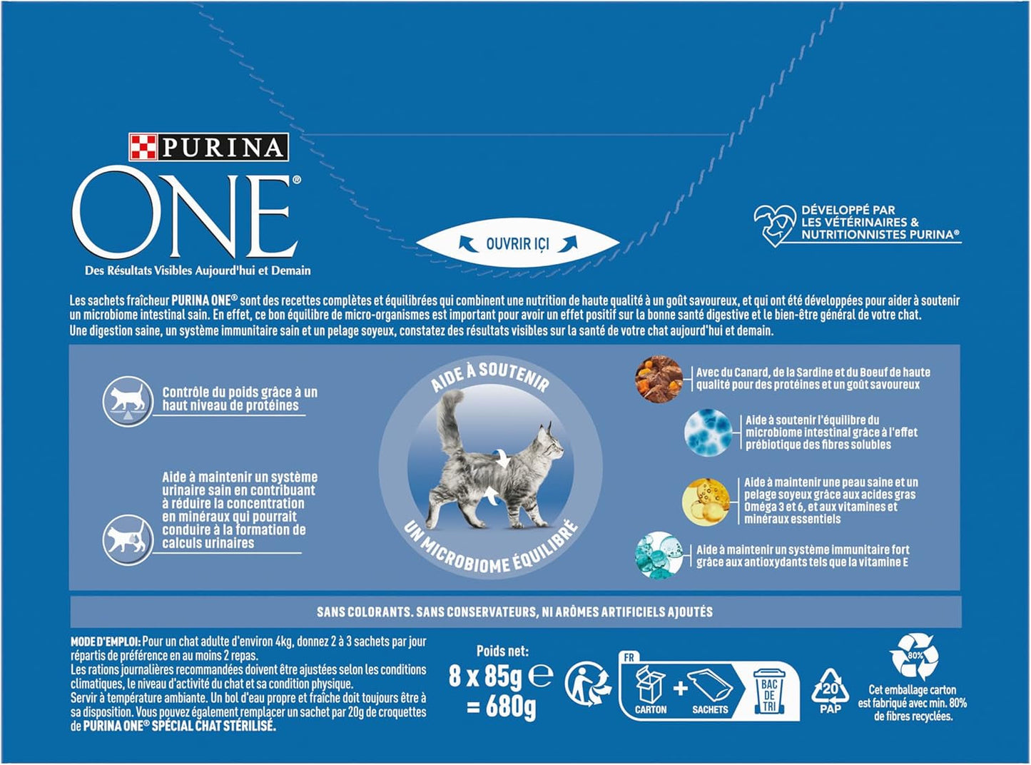 PURINA ONE | BIFENSIS | Foder til steriliserede voksne katte | Understøtter kattens vitalitet, knogler, muskler og led | I sauce | Poser med and, sardiner, oksekød, friskhed | 1 stk (8 x 85 g)