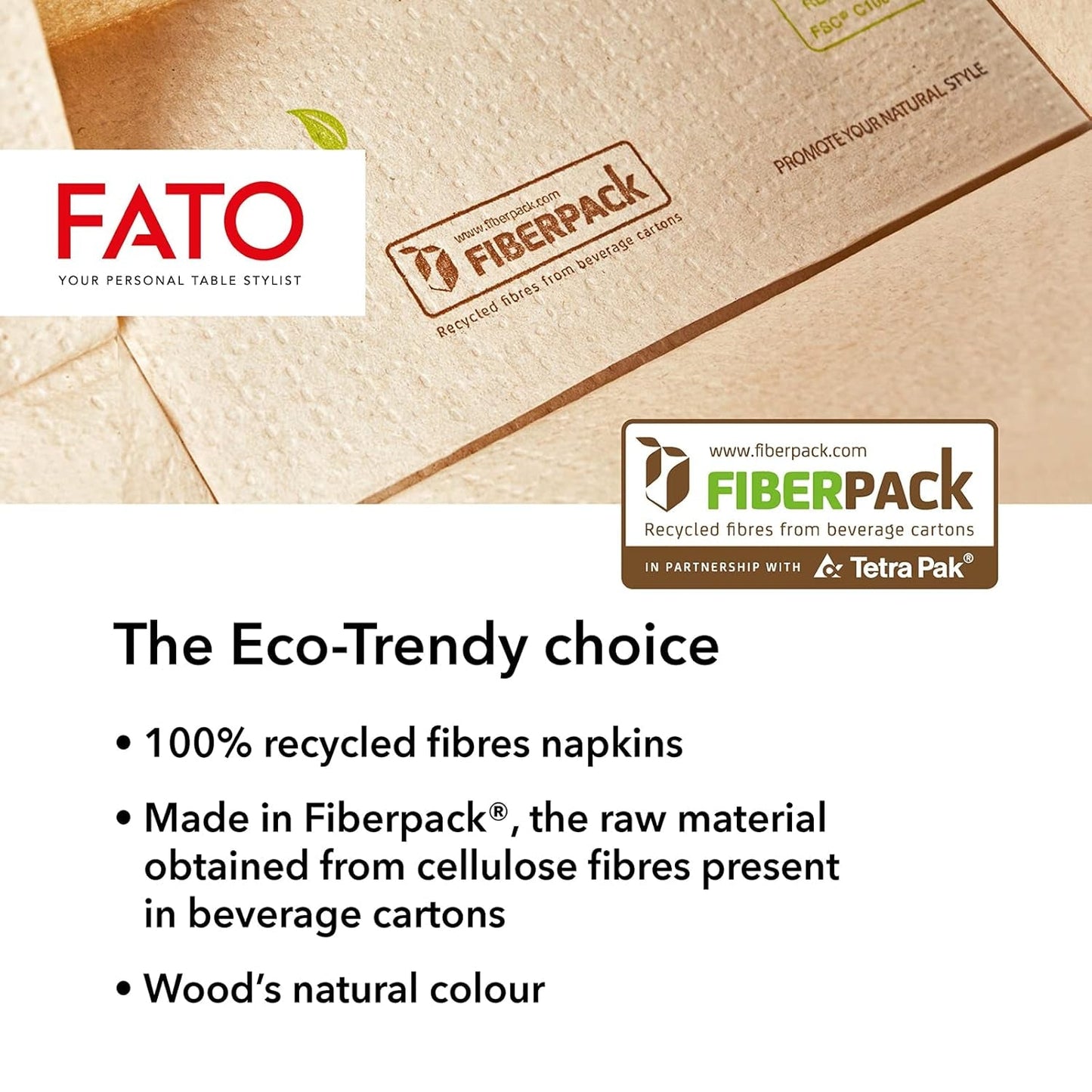 Fato - Naturlige 4-foldede engangspapirservietter, miljøvenlige, 40 stk., størrelse 38X38, 2-lags, 100 % genbrugspapir