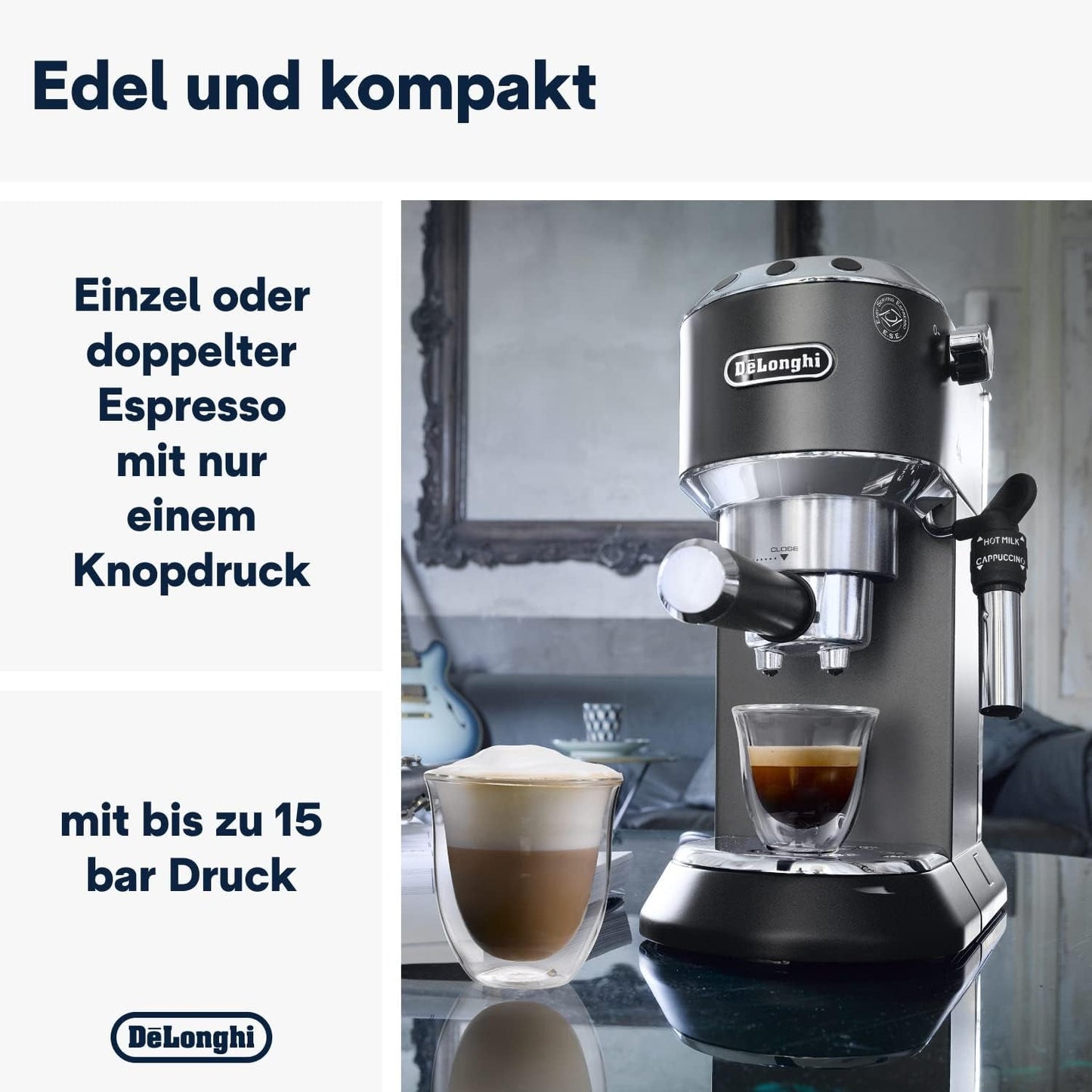 De'Longhi Dedica Style EC 685.B – Espressomaskine med portafilter, espressomaskine med professionel mælkeskummer, kun 15 cm bred, til malet kaffe eller ESE-kapsler, 1 l vandtank, sort