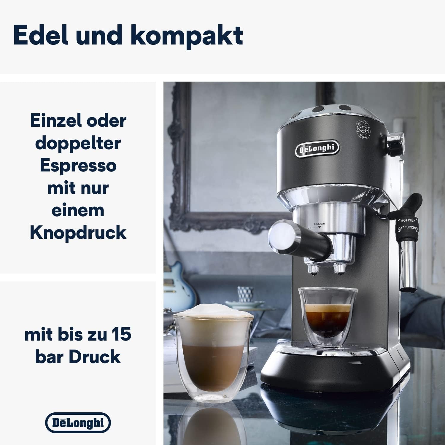 De'Longhi Dedica Style EC 685.B – Espressomaskine med portafilter, espressomaskine med professionel mælkeskummer, kun 15 cm bred, til malet kaffe eller ESE-kapsler, 1 l vandtank, sort
